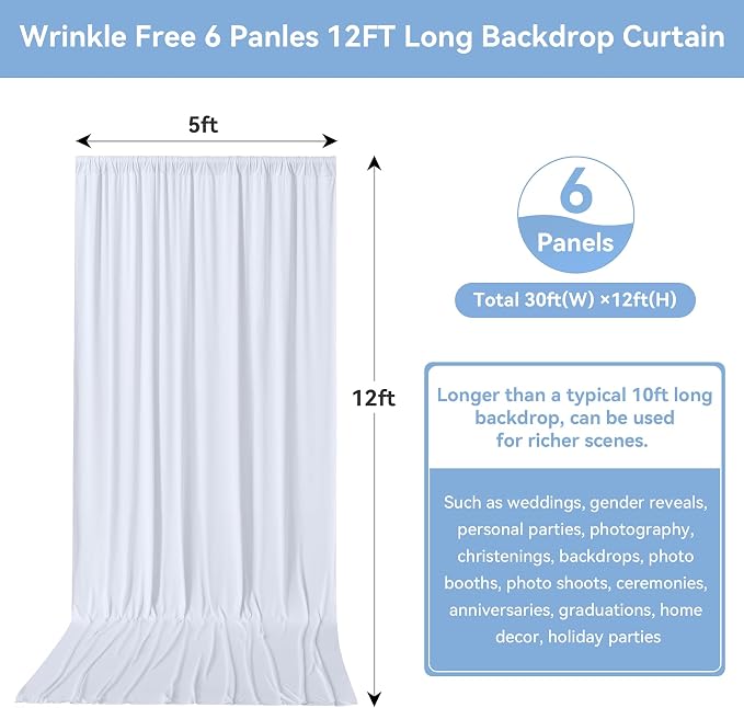 30FTx12FT White Wrinkle-Free Wedding Backdrop Curtain -Silky Washable White Polyester Drapes for Baby Showers, Birthday Parties, Photography, and Wedding Receptions-6 Panels 5FTx12FT