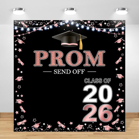 Prom 2026 Backdrop 6x6ft Black Pink Graduation Prom Photography Background Pink Black Class of 2026 Graduations Congrats Grad Party Send Off Banner Photo Studio Props (6x6ft)