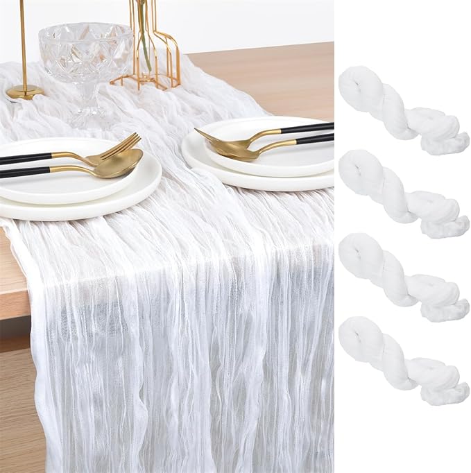 Joanlody Ivory Cheesecloth Table Runner Spring Summer 10Ft Rustic Gauze Boho Cheese Cloth Table Runner for Wedding Bridal Baby Shower Decoration 4 Pack