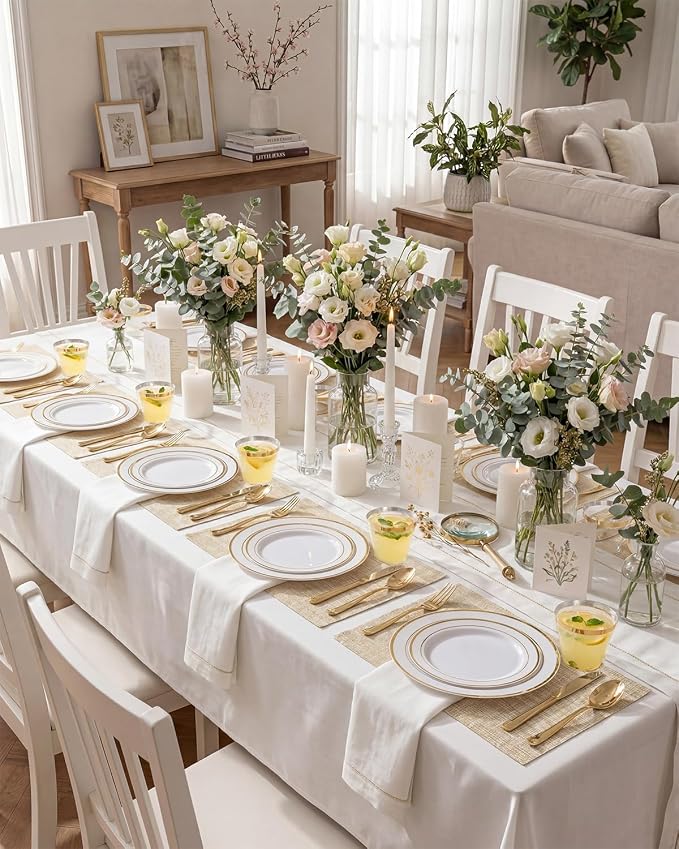 bUCLA 300PCS Gold Disposable Dinnerware Set - White and Gold Plastic Plates - Include 50 Each (Dinner&Dessert) Plates,50 Knives,50 Forks,50 Spoons,50 Cups for Party