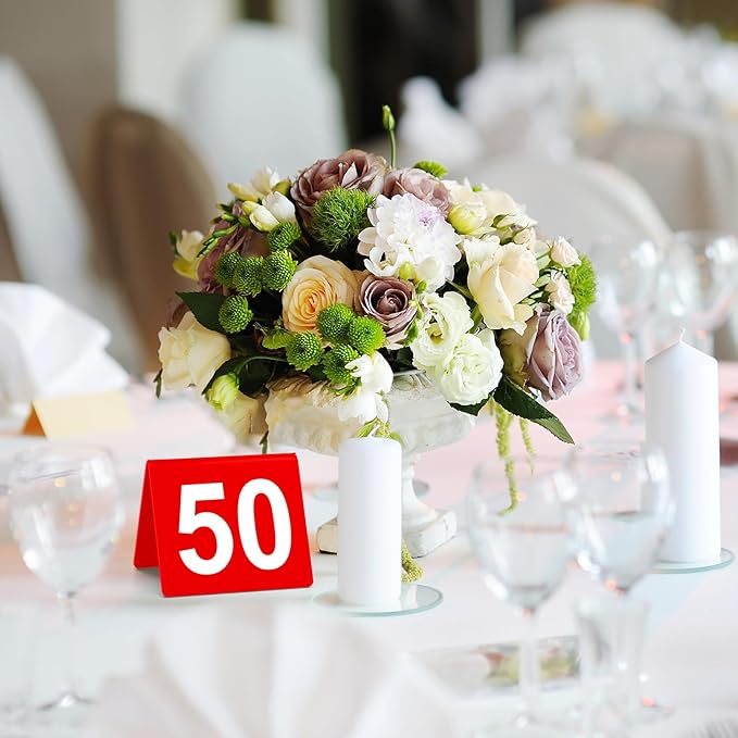 Tuanse 100 Pcs Acrylic Table Numbers 1-100 Double Sided Minimalist Restaurant Wedding Table Tent Cards for Party Event Banquets Wedding Reception, 2.5 x 2 x 1.6 Inch(Red Background)