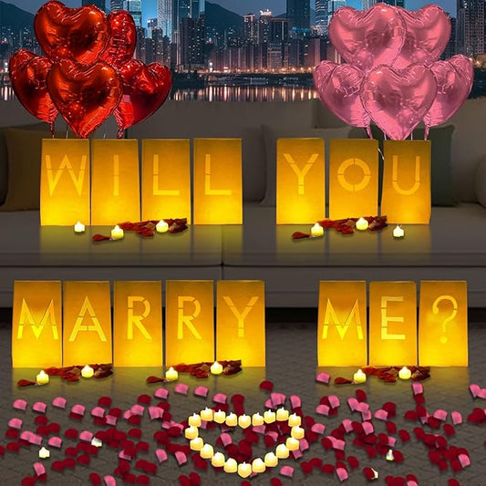 Will You Marry Me Lighted Letters Sign 15pcs Luminary Paper Bags 2200pcs Red Pink Artificial Rose Petals 48pcs Flameless LED Candle Tealight 15pcs Heart Balloons Romantic Night Valentine's Day