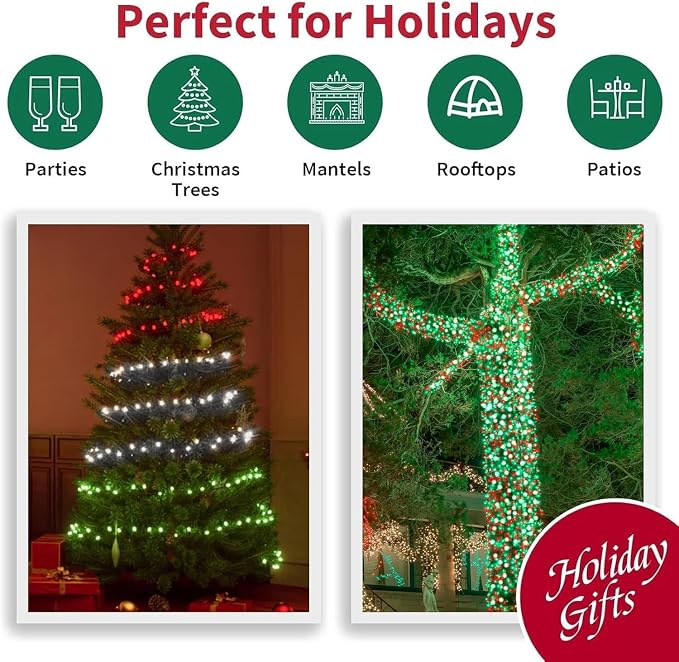 LAMPHOME Red Green White Christmas String Lights, 300 LED 99 FT Connectable Waterproof String Lights Transparent Wire with16 Modes, Xmas Vintage Decorations for Indoor Outdoor Party Yard Garden Decor