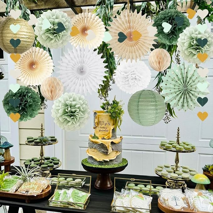 Sage Green Party Decorations Sage Green White Gold Party Decorations Paper Pom Poms Paper Fans Lanterns Sage Beige Gold Love Heart Garland for Birthday Baby Shower Wedding Bridal Shower Party Decor