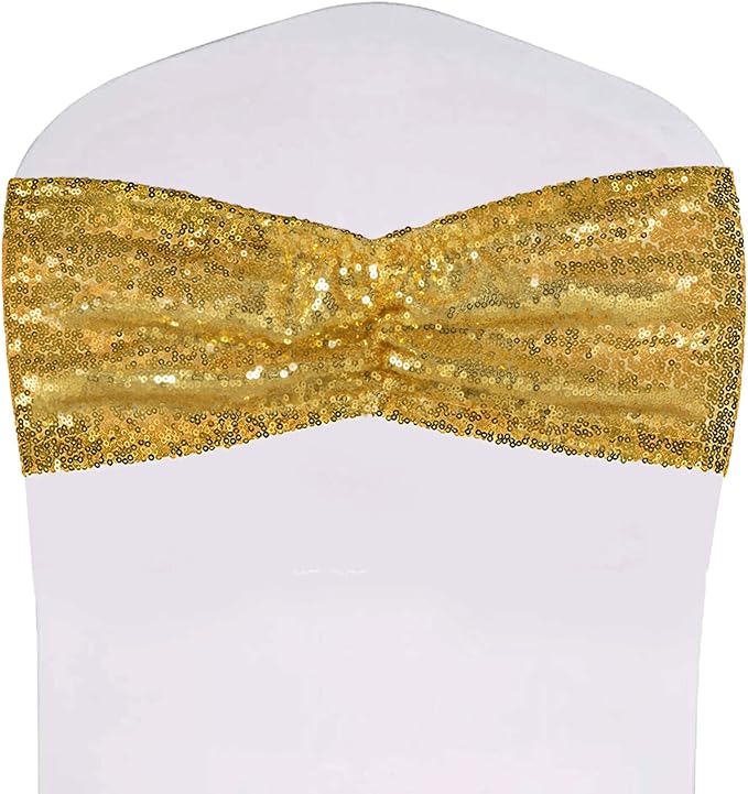 SquarePie Sequin Chair Sashes 30 Pack - Gold Decorative Sashes Bands for Wedding Party Decoration, Seuqin Fabric Bow for Banquet Reception Chairs