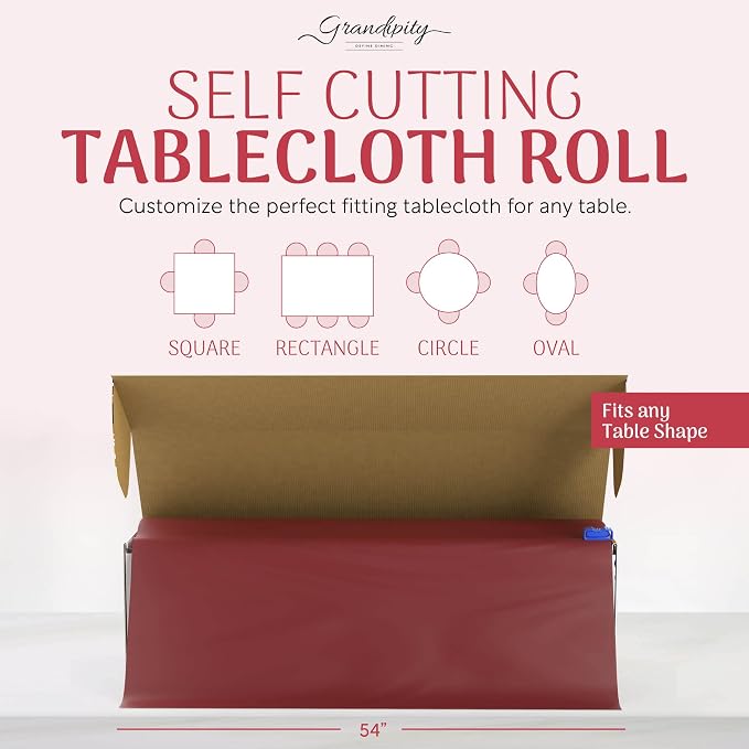 Grandipity Plastic Tablecloth Roll - 54in x 300 Ft. Burgundy Plastic Table Cloths for Parties Disposable with Cutter Box - Cut to Size Disposable Tablecloth Table Cover for Rectangle & Round
