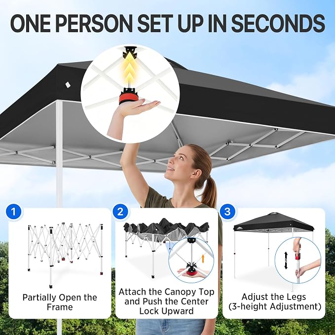 EAGLE PEAK Pop Up Canopy Tent with Wheeled Carry Bag, 8 Stakes, 4 Ropes, Easy Set Up Tent Canopy, 8x8 ft, Black