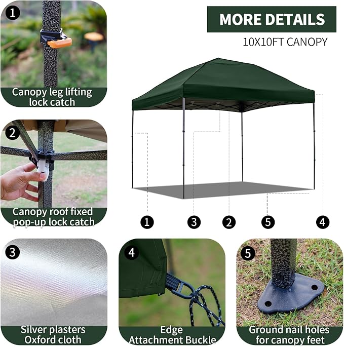 10x10 Pop Up Canopy Tent with 2 Sidewalls, Easy Up Canopy Outdoor Party Sun Shade Tent Portable Gazebo for Beach Camping Events with Carry Bag and 4 Sand Bags(Dark Green)
