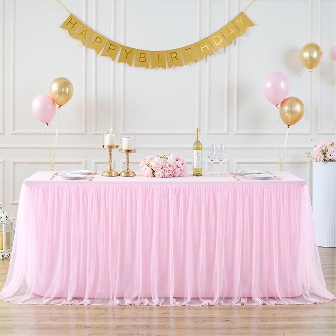 Suppromo Pink Tulle Tablecloth for 4 Foot Rectangular Tables 48 x 24 Inch White Rectangle Table Cloth 4ft Wrinkle Free Table Cover with Tutu Skirt for Wedding Birthday Party Banquet Tablecover