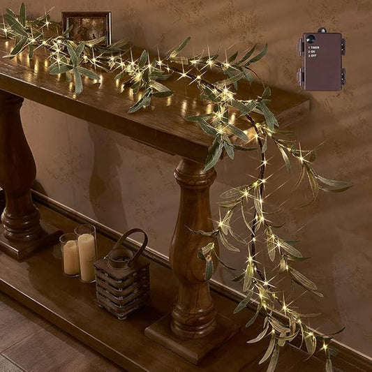 Hairui Lighted Artificial Olive Garland 6FT 96 LED Fairy Lights Battery Operated, Faux Vine Lights with Timer for Spring Christmas Holiday Fireplace Decoration