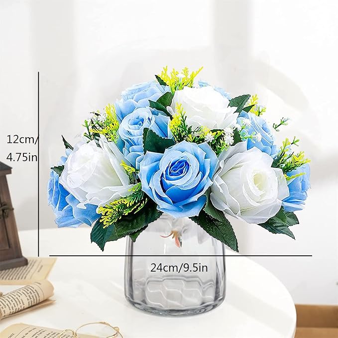 Artificial Flower Centerpieces for Tables: 6pcs of Rose Flower Balls, Flower Kissing Balls, Fake 15-head Plastic Flower Roses with Base for Birthday Party Christmas Home Wedding Decor (Blue White)