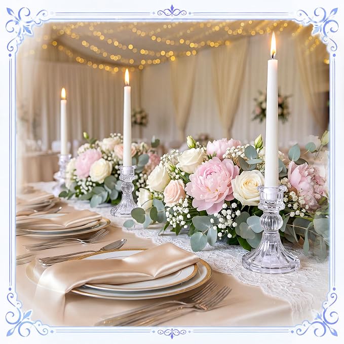Sieral 24 Pcs Clear Taper Candle Holders 4'' Tall Candlestick Glass Holders Bulk Stripe Decorative Stand Wedding Stick Holder for Anniversary Party Dining Table Festival Decor