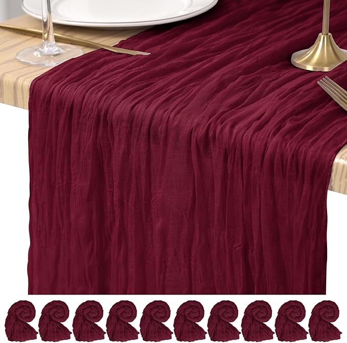 10 Pack Cheesecloth Table Runner Burgundy, Rustic Boho Gauze Fabric Table Runner Romantic Table Runner for Wedding, Festival, Birthday, Anniversary, Dinner and Outdoor Events (17.7 x 108 inch)