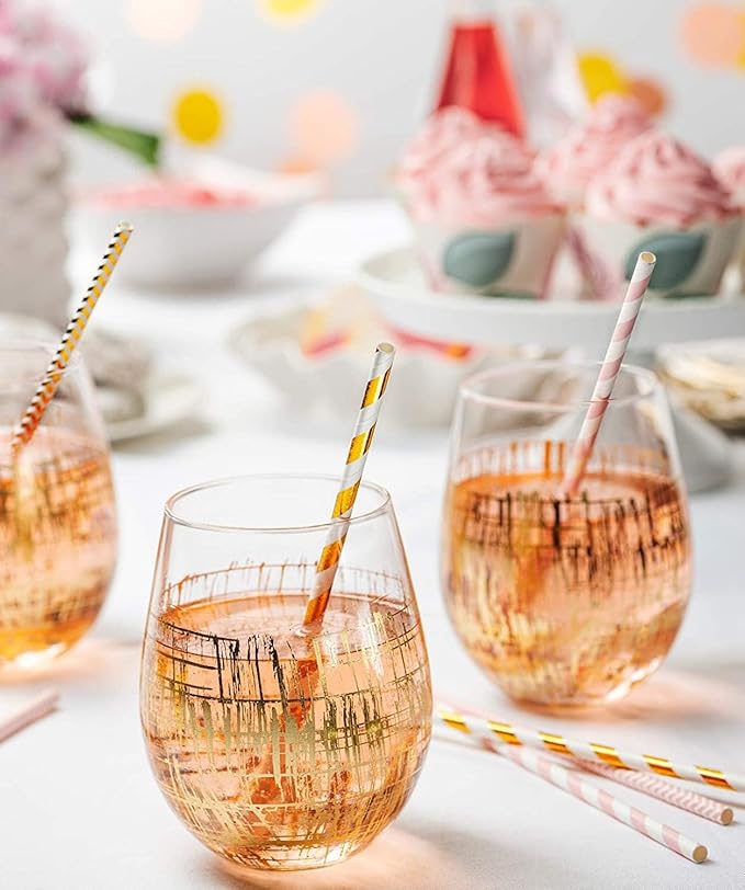 GUSTO [200 Pack] light Pink & Gold Paper Straws Disposable, 100% Biodegradable Multi-Pattern Party Straws For Birthday, Wedding and Holiday Decoration - Formerly Comfy Package