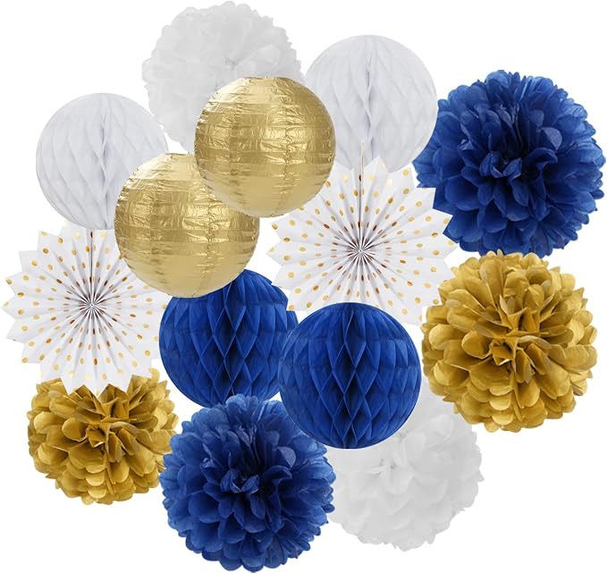 Navy-Blue White Gold Party Decorations - 14pcs Kits Paper Lanterns Fan,Tissue Flower Pom Poms Streamers,Honeycomb Balls,Graduation 2026 Men Birthday Wedding Baby Bridal Shower Decor Lasting Surprise