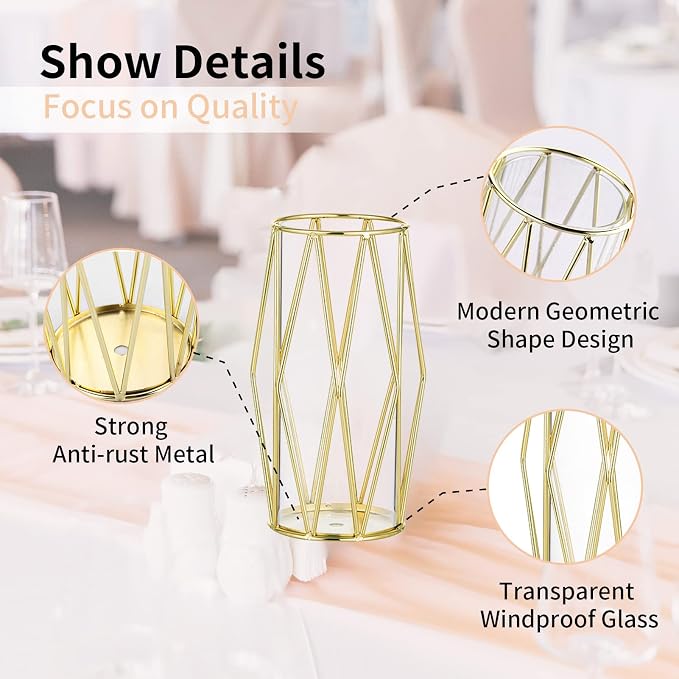 NUPTIO Gold Geometric Hurricane Glass Candle Holders, Set of 2 | 2 Matching Diamond Frames, Clear Cylinder Vases, for Flowers, Pillar Candles, Wedding Party Table Centerpieces