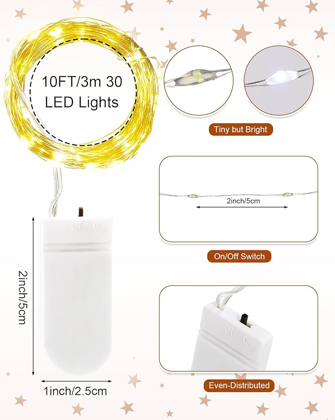 Riakrum 25 Pcs 10ft 30 LEDs Fairy Lights Battery Operated Bulk, Warm White Wedding Waterproof Tiny Small Twinkle LED String Lights for Jar Starry for DIY Birthday Party Favor for Vase Centerpieces