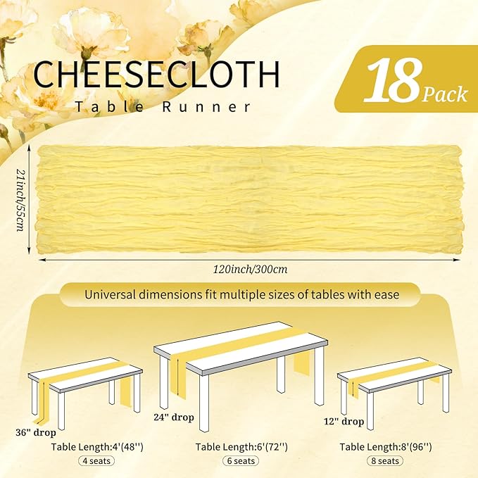 18 Pack Cheesecloth Table Runner 10FT Light Yellow Table Runner Boho Gauze Cheese Cloth Table Runners Long Rustic Sheer Table Decorations for Wedding Party Baby Bridal Shower Birthday Holiday Home