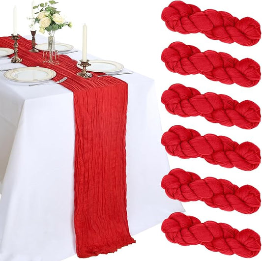 6 Pack 10FT Red Cheesecloth Table Runner 120 Inch Long Gauze Rustic Boho Spring Cheese Cloth Table Runner Sheer Fabric Decorations for Holiday Party Wedding Banquet Bridal Baby Shower Décor