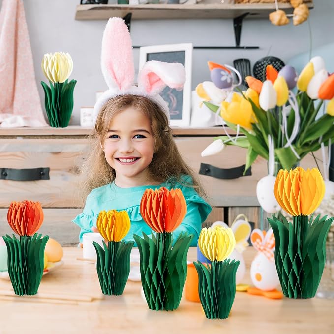 SUNBEAUTY 8PCS Flower Honeycomb Decoration Spring Decorations for Office Spring Table Decor Tulip Honeycomb Flower Mother's Day Decoration Orange Tulip Decor Spring Decor Tulips Table Centerpieces