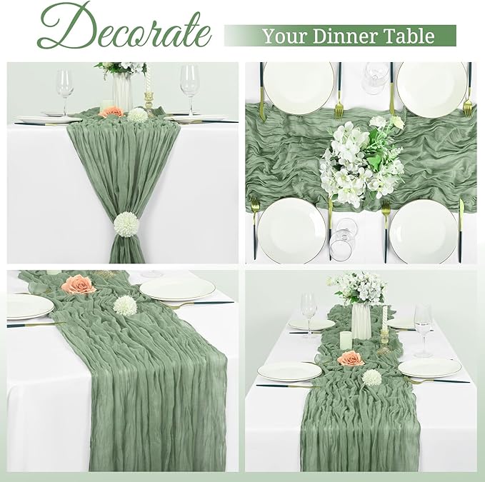 8 Pack Sage Green Cheesecloth Table Runner, 10Ft Boho Gauze Table Runner 35×120 Inch Rustic Romantic Long Table Runner for Wedding Party Bridal Shower Thanksgiving Christmas Decoration