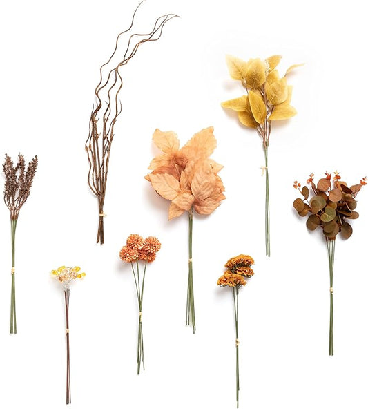Ling's moment Artificial Greenery Stems Box Set, 42pcs with 9 Kinds of Faux Flowers Picks for DIY Bridal Bouquets Wedding Floral Arrangement Table Centerpieces, Brown & Orange