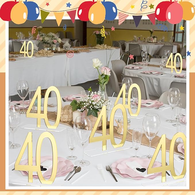 Threehoney 12 Pcs Mirror Gold 40th Birthday Decorations for Men and Women Acrylic Anniversary Decorations Table Numbers Centerpieces for Birthday Party