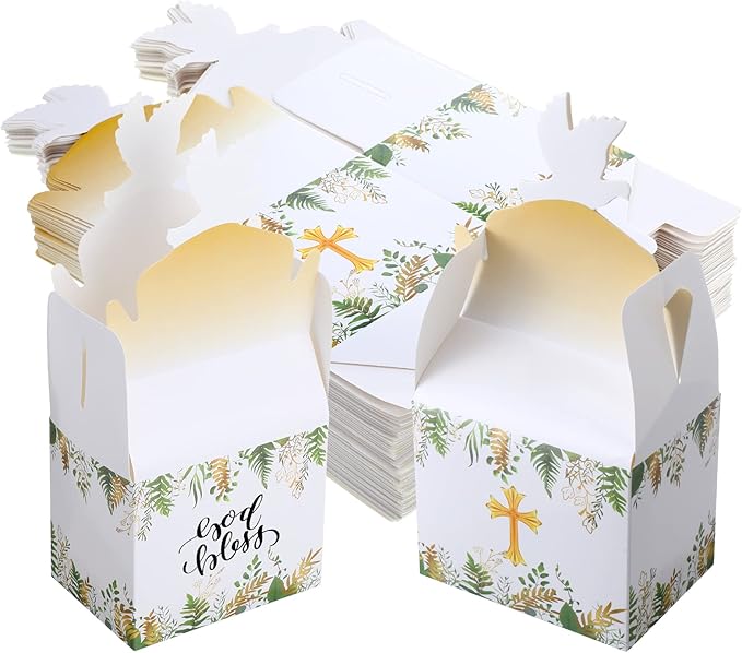 Geyee 48 Pcs Baptism Favor Boxes Baptism Party Favors First Communion Cross Goodie Gable Box Religious Party Favors God Bless Candy Boxes for Christening Baby Shower