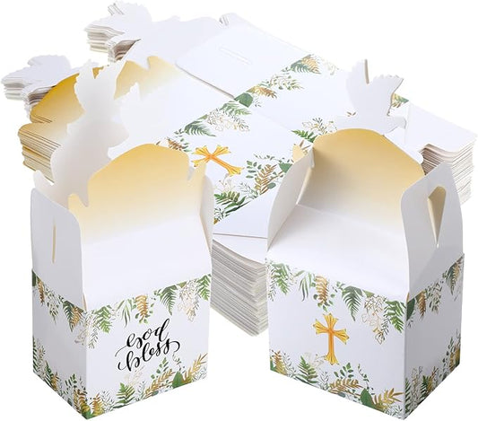 Geyee 48 Pcs Baptism Favor Boxes Baptism Party Favors First Communion Cross Goodie Gable Box Religious Party Favors God Bless Candy Boxes for Christening Baby Shower
