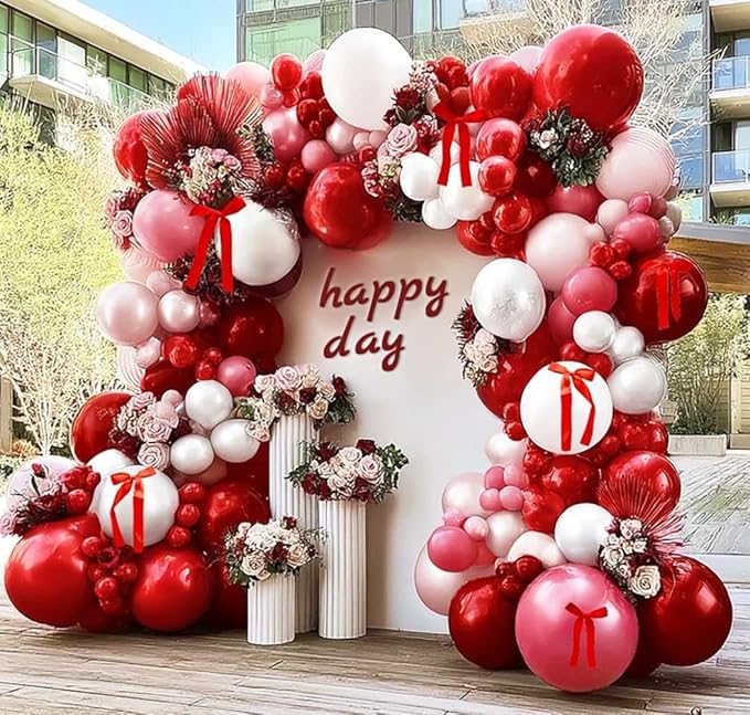 Red Pink Balloon Arch Kit Double Stuffed Dark Red Pink Burgundy White Pearl Balloon Garland With Bows for Valentine Mothers Day Wedding Bridal Shower Engagement Anniversary Mom Birthday Party Decor