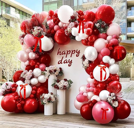 Red Pink Balloon Arch Kit Double Stuffed Dark Red Pink Burgundy White Pearl Balloon Garland With Bows for Valentine Mothers Day Wedding Bridal Shower Engagement Anniversary Mom Birthday Party Decor