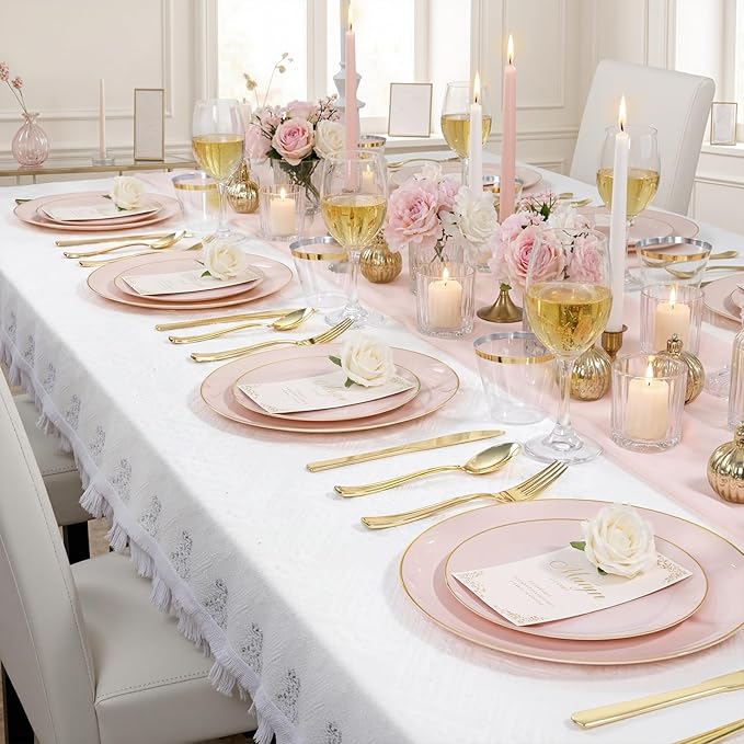 WDF 150Pcs Pink Plates Disposable - Pink and Gold Plastic Plates 25guest Disposable Dinnerware Include 25 Dinner Plate, 25 Dessert Plate, 25 Cutlery & 25 9oz Cups for Baby Shower/Spring/Mother's Day