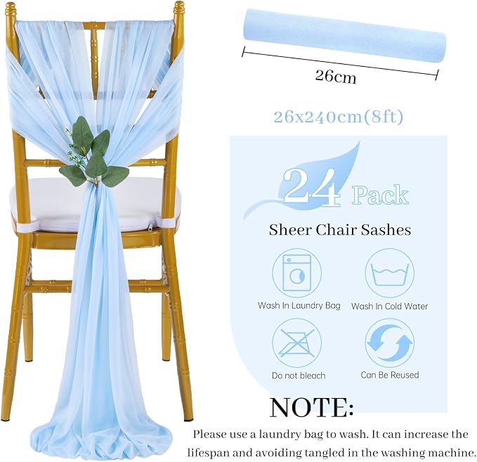 QueenDream Light Blue Sashes Chair Aisle Decorations: 24 Pack Baby Shower Chair Cover 8FT Long Tulle Draping Fabric Wedding Reception Church