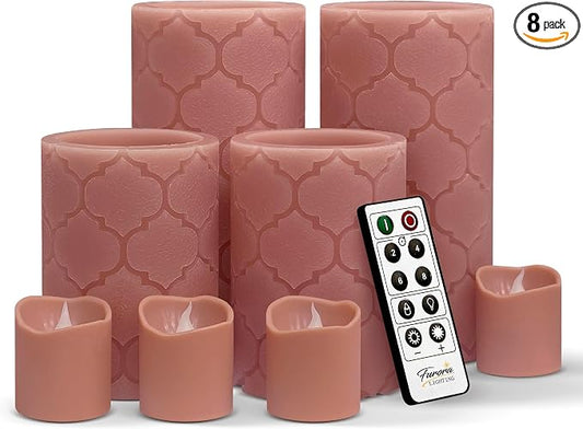 FURORA LIGHTING Dusty Rose Flameless Candles - Real Wax, Adjustable Brightness, Remote & Timer - 4 Pillars (3x4, 3x6) and 4 Votives, 8-Pack, Battery Operated