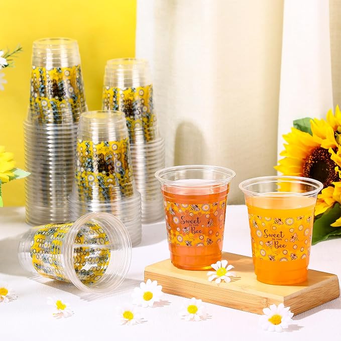 Funnymoom 60 Pack Bee Theme Cup 12 oz Honeycomb Disposable Clear Plastic Drinking Cups Bulk for Bee Day Birthday Baby Shower Party Decorations Favors