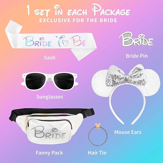 Mouse Ears Set - Bride Accessories - Bachelorette Party Favors - Bride Bachelorette Outfit Accessories to Match Bachelorette Outfit for Bride - Magic Kingdom (Iridescent/White Bride, 1)