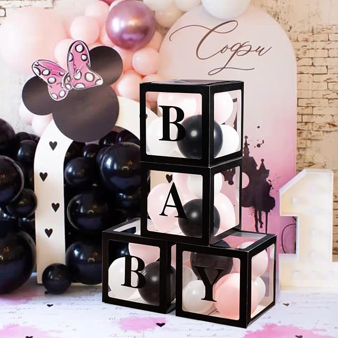 Voircoloria Baby Boxes with Letters for Baby Shower Decorations with 4 Balloon Boxes for Gender Reveal Halloween Decorations(Black)