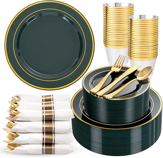 WDF Partyware 350PCS Green and Gold Plates - Green Plastic Plates 50Guests Plastic Plate with Rolled Napkins for Party/Birthday