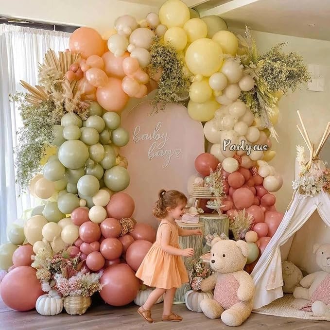 Dusty Pink Yellow Green Balloon Arch, Double Stuffed Sage Light Yellow Peach White Sand Mauve Pastel Balloon Garland Kit for Baby Shower Birthday Bridal Wedding Floral Valentines Party Decoration