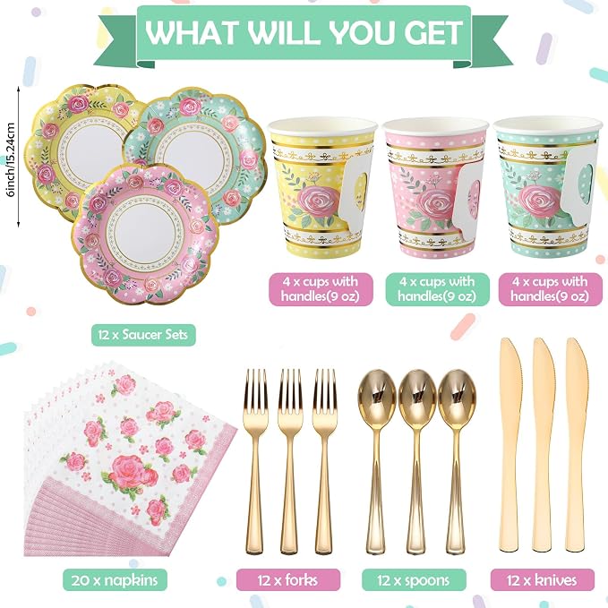 Layhit 83 Pcs Disposable Tea Party Set with 3 Tier Cake Stand Vintage Floral Paper Cups Plates Napkins Cutlery for Women Girls Birthday Baby Shower Bridal Shower Tea(Novel)