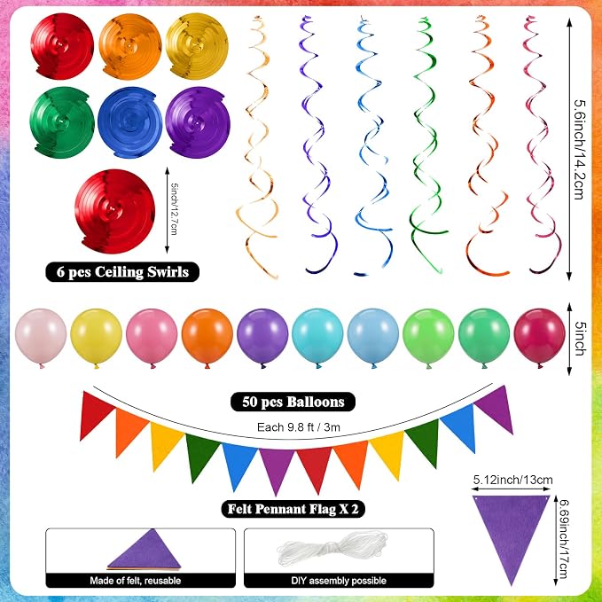 TaoBary Birthday Party Decor Kit 600 Sheet Paper Chain Garland Strips 656ft Crepe Paper 52ft Star Garland 52ft Felt Pennant Flag rainbow Ceiling Swirls 50 Balloons for DIY Birthday Wedding Party