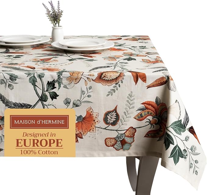 Maison d' Hermine Table Cloth Rectangle Table 100% Cotton 70 x 140 Inches Fall Tablecloth Reusable Everyday Use for Thanksgiving Christmas Decorations Dining Farmhouse Party (Dalida)