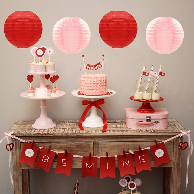 Red Pink Valentines Day Paper Flowers Hearts Honeycomb Lanterns Tissue Pom Poms 15pcs Galentines Party Decorations Anniversary Love Birthday Wedding Baby Shower Hanging Supplies Mprocherify