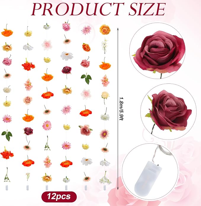 Suncalla 6 Pack 35.4ft Fake Flower Garland Backdrop with LED Lights Hanging Wildflower Floral Vine Decorations for Wedding Bridal Shower Birthday Baby Shower Party Backdrop(Vivid,Multicolor)