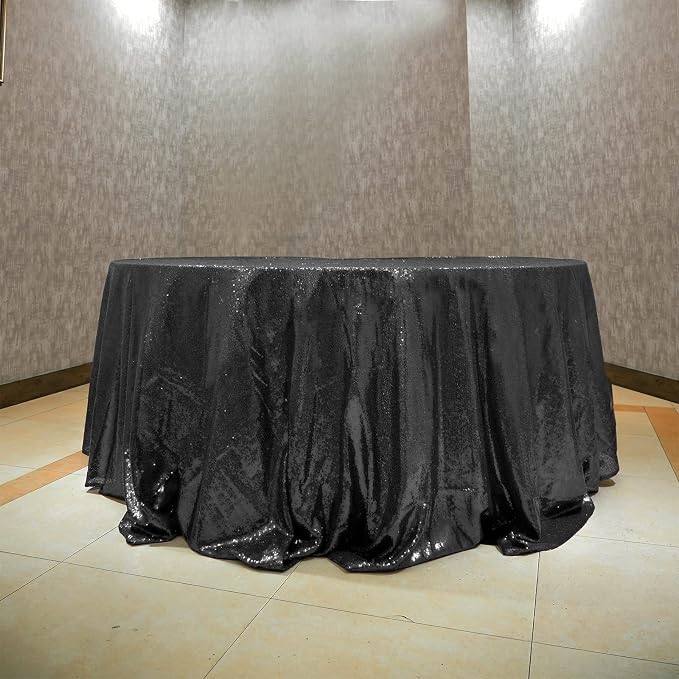 Black Sequin Tablecloth 120" Round Sequin Tablecloth Shimmer Table Cloth Sparkly Drape Table Cover Decorations for Engagement Weddings Party Baby Bridal Shower Halloween Decoration