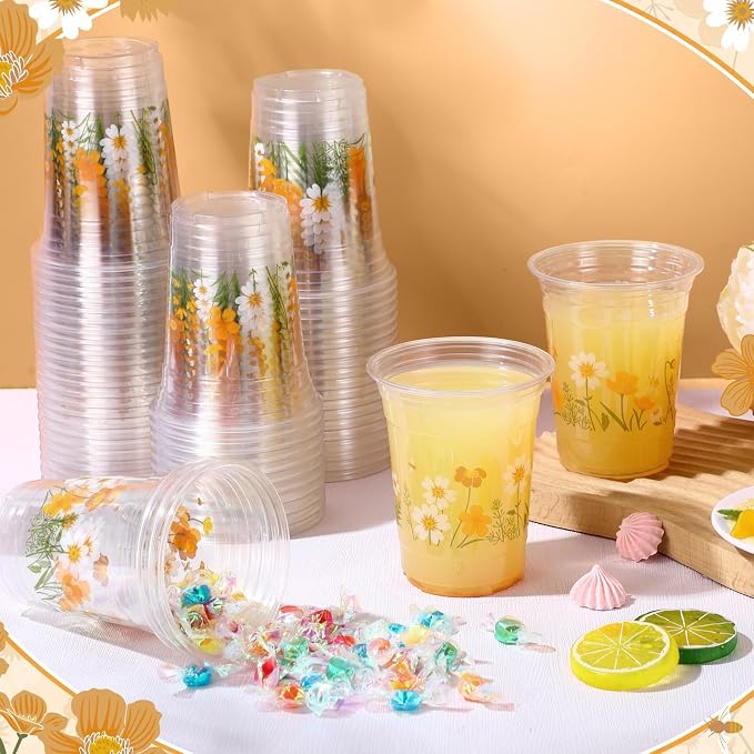 Hushee Yellow Boho Floral 60 Pcs Party Cups 16 oz Plastic Disposable Drinking Cups for Birthday Love Baby in Bloom Baby Shower Summer Fresh off The Market Bridal Shower Decorations Supplies
