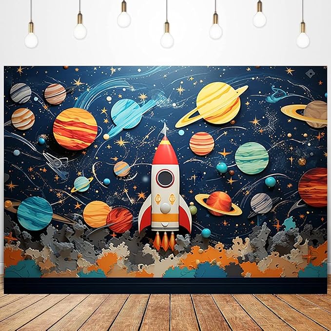 Universe Space Boy Birthday Backdrop for Photography Kids Astronaut Themed Birthday Party Decoration Children's Birthday Planet Party Background Night Sky Star Outer Space Backdrop (9X6FT)