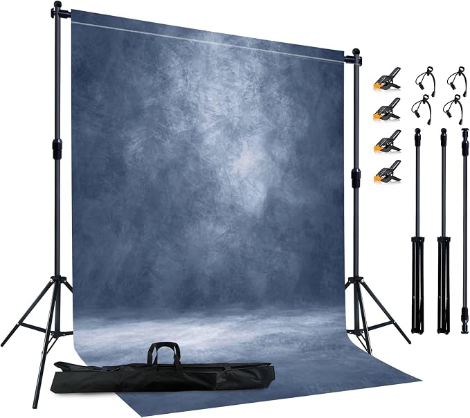 6.5x6.5 ft Photo Backdrop Stand with 6Wx8H ft Abstract Backdrop,Blue | 2-in-1 Portable, 6.5Wx6.5H ft Adjustable Stand, 6Wx8H ft Abstract photography background, 8 Clamps, Storage Bag Included