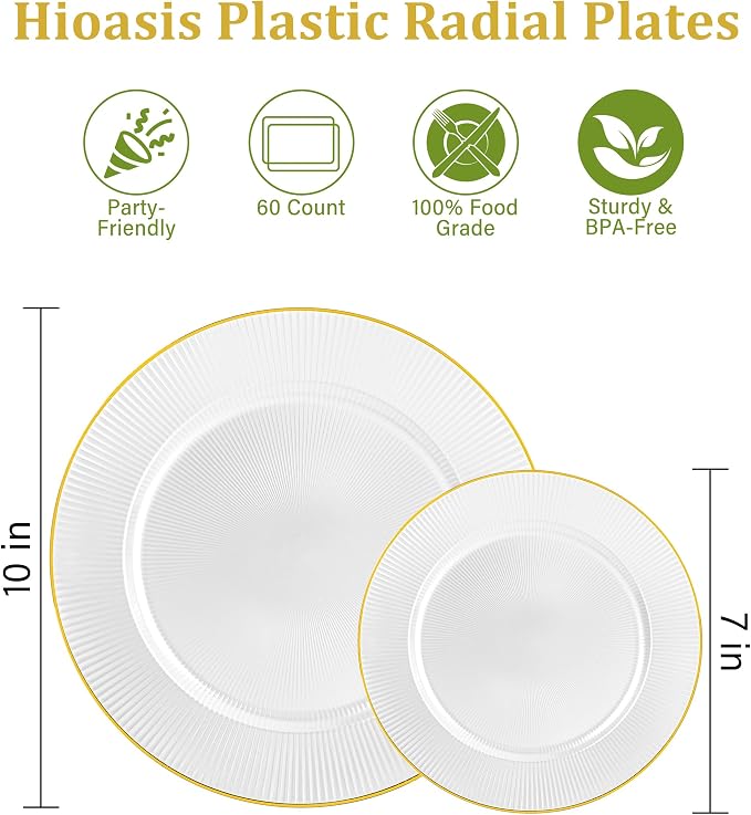 Hioasis 60pcs White and Gold Plastic Plates - White Disposable Dinnerware Set, 30pcs Dinner 10in & 30pcs Dessert 7in Plates with Striped Designs for Party & Wedding