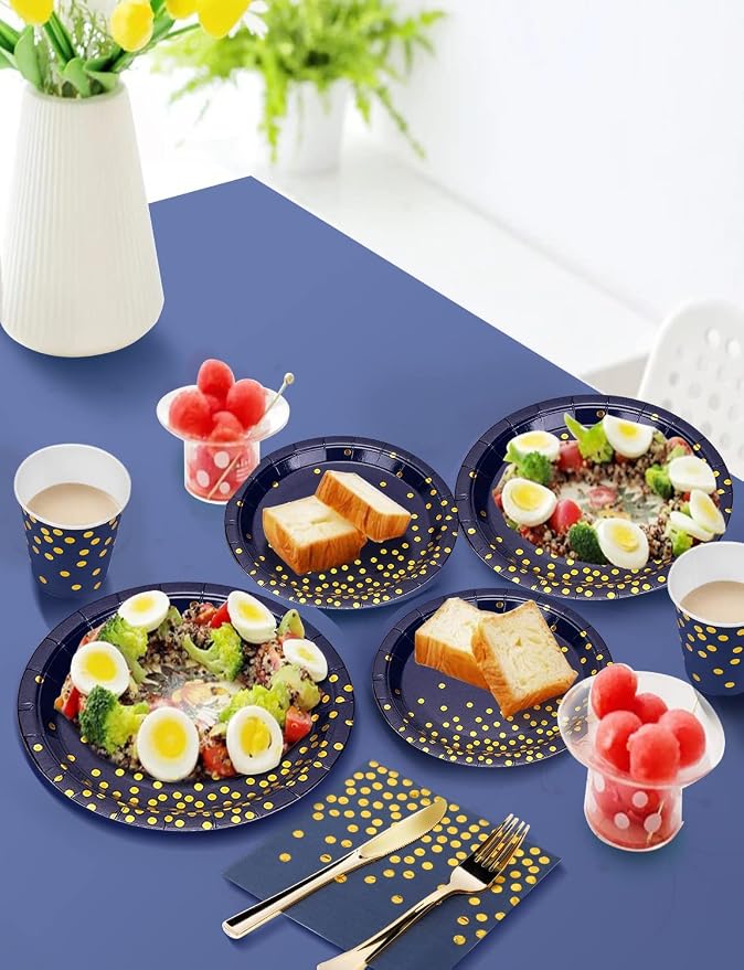 Nkaiso 141 Pieces Navy Blue Gold Party Supplies, Disposable Party Decorations Sets Include Paper Plates Napkins Cups, Plastic Forks Knives Spoons, for Baby Shower Birthday Wedding -20 Guests